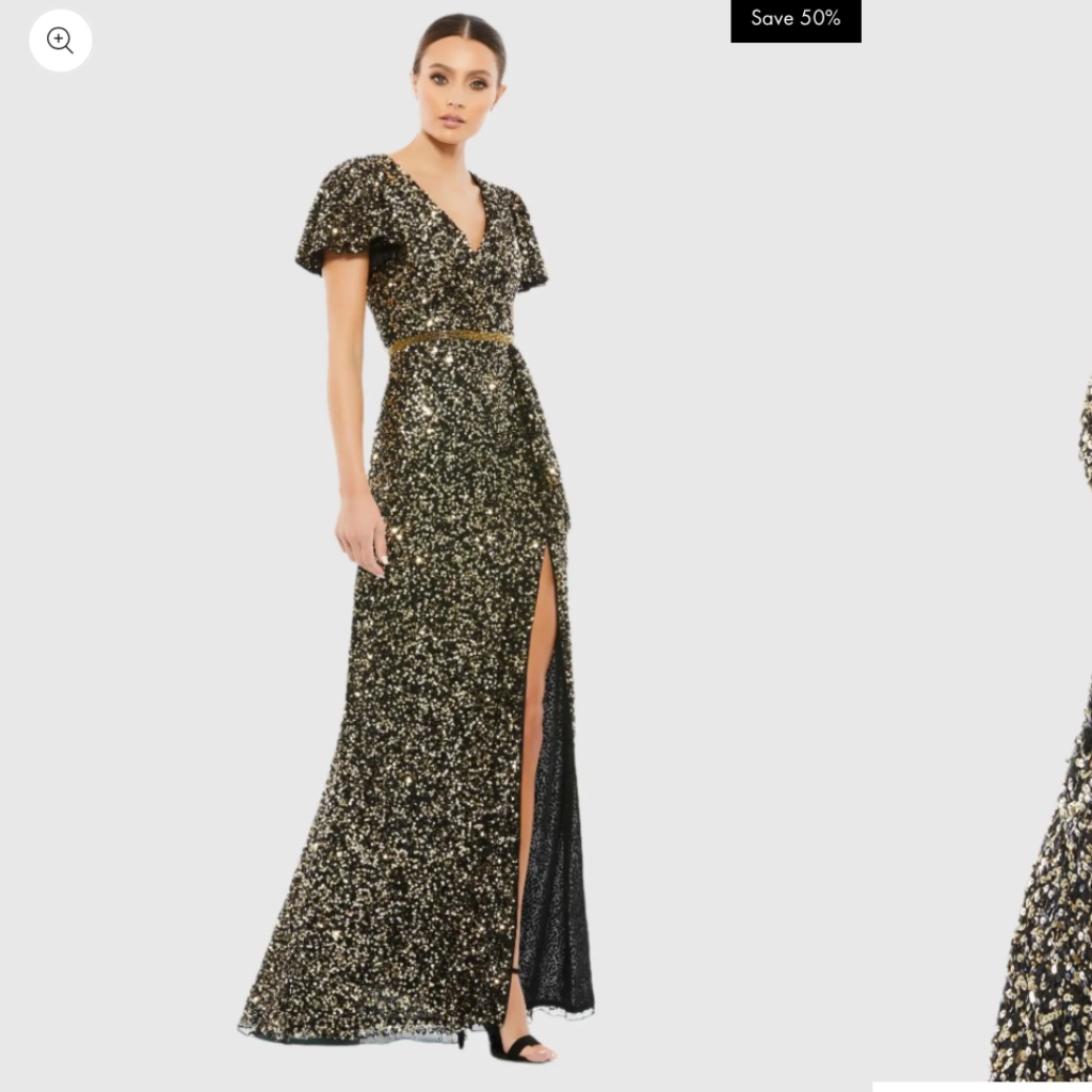 Mac Duggal Black And Gold Sequin V-Neck Cap Sleeve Prom Gown